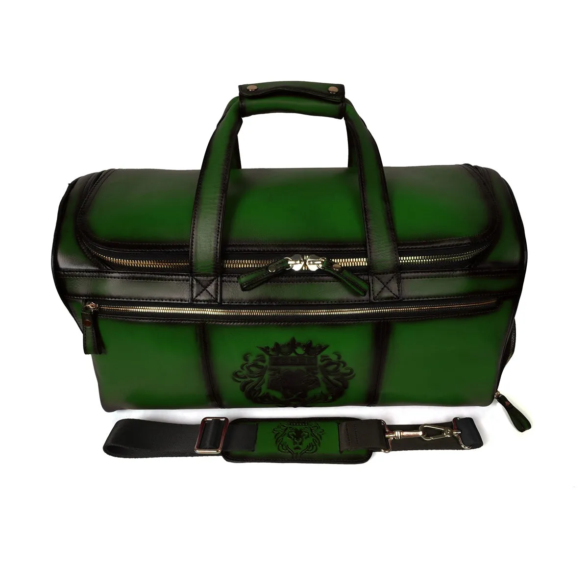 Additional Footwear Pocket Green Leather Multi-Pockets Duffle/Gym Bag With Metal Lion by Brune & Bareskin