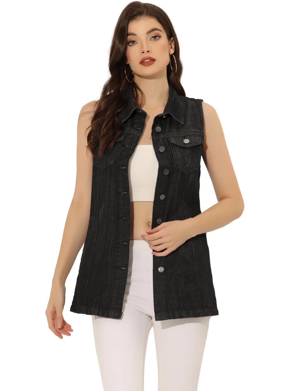 Allegra K- Denim Sleeveless Button Down Long Jean Vest