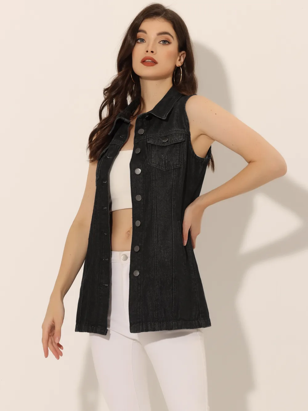 Allegra K- Denim Sleeveless Button Down Long Jean Vest