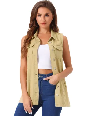 Allegra K- Denim Sleeveless Button Down Long Jean Vest