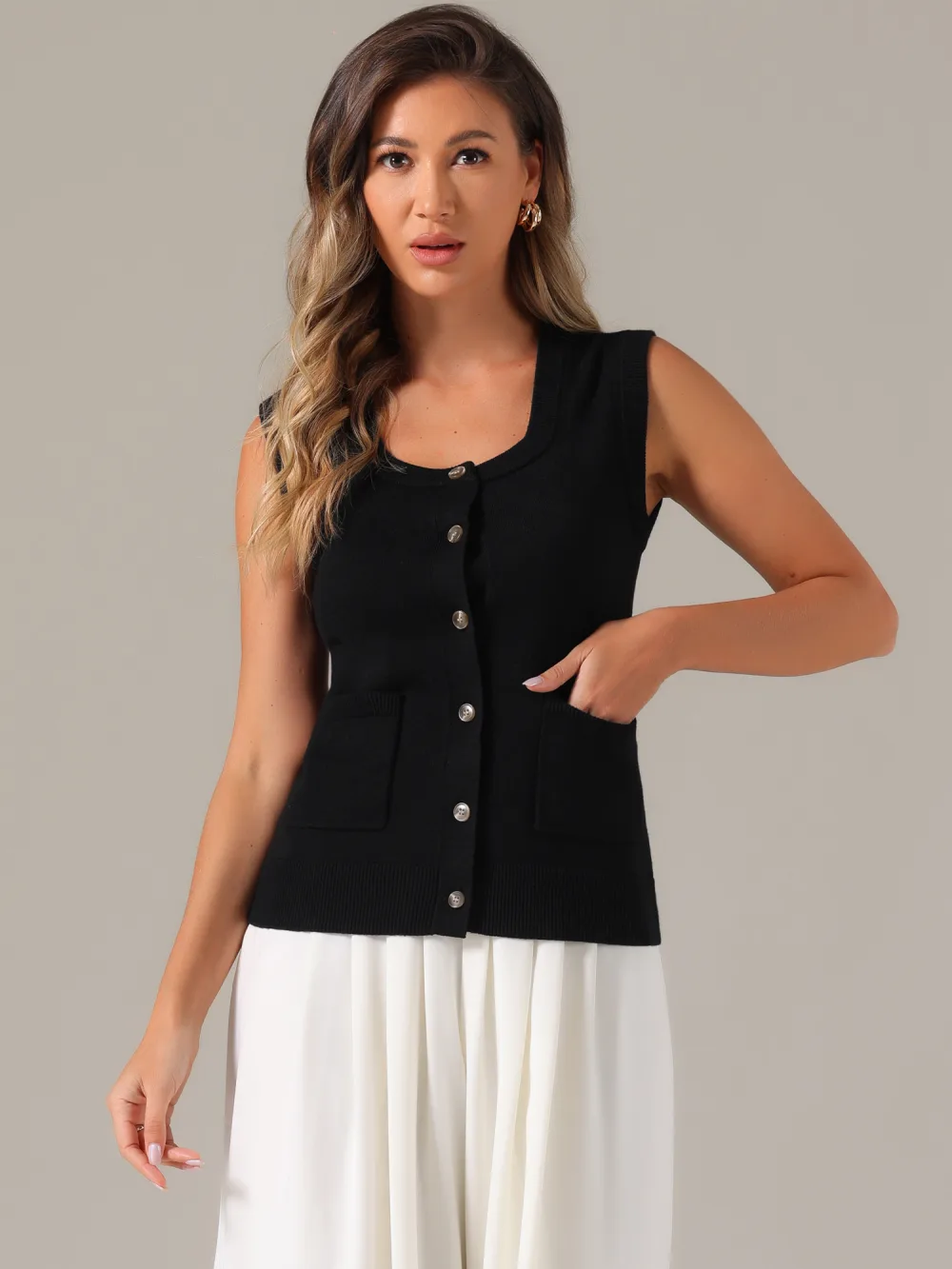 Allegra K- Sleeveless Button Down Casual Knitted Vest