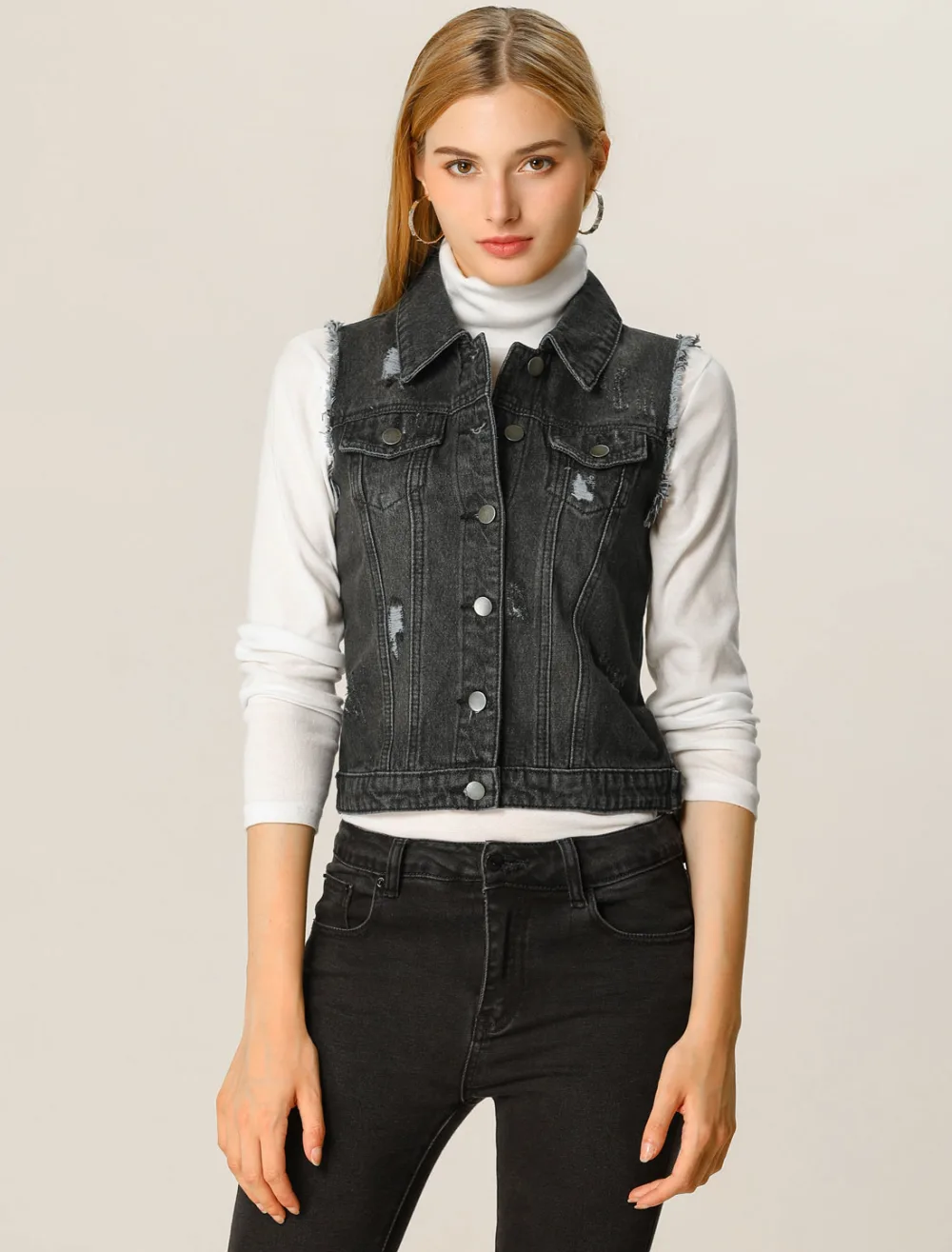 Allegra K- Turn Down Collar Button Washed Denim Vest