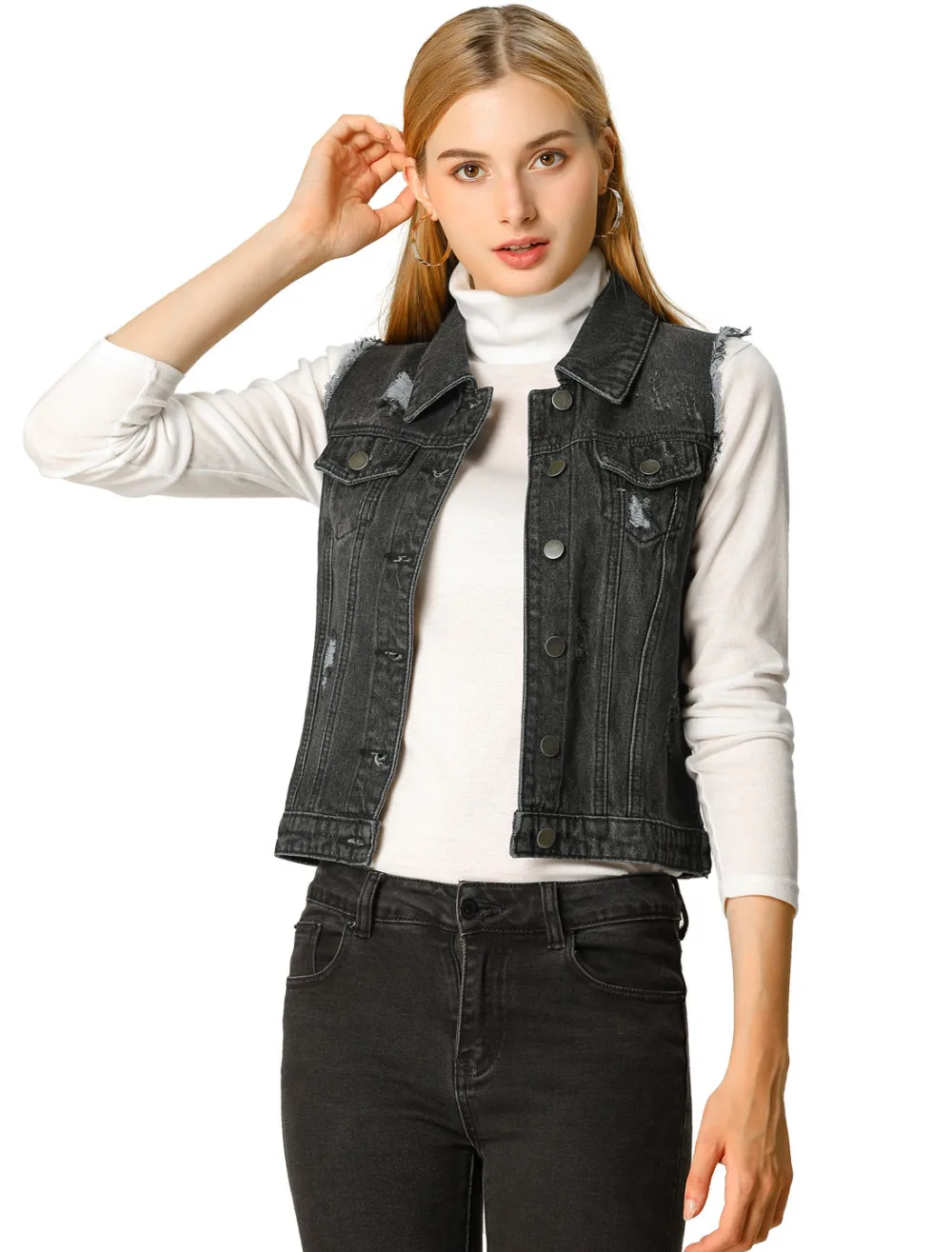 Allegra K- Turn Down Collar Button Washed Denim Vest