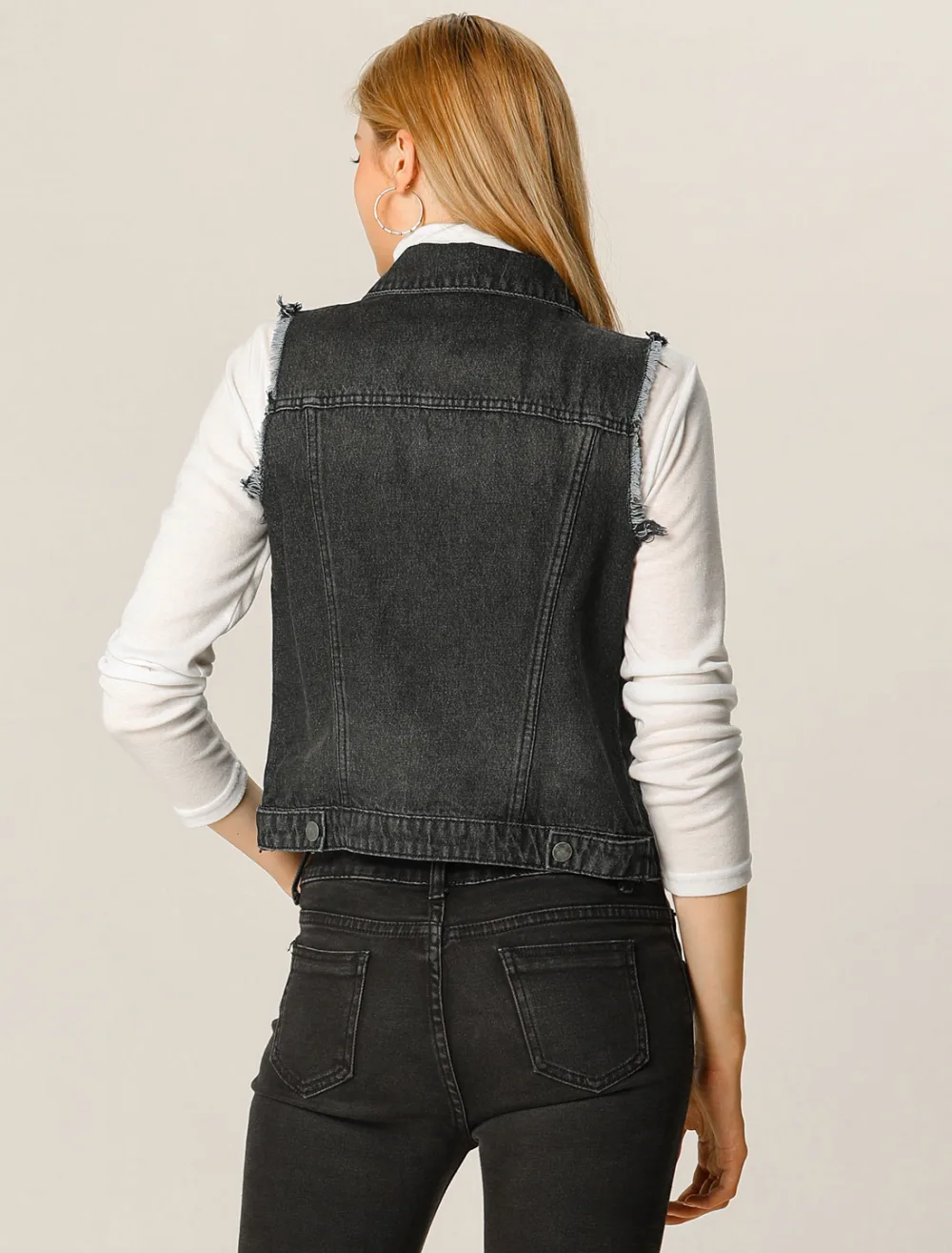 Allegra K- Turn Down Collar Button Washed Denim Vest