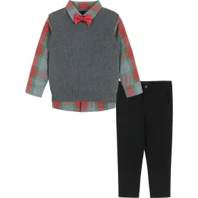 Andy & Evan Holiday Check Button-Down With Vest Set, Grey & Black