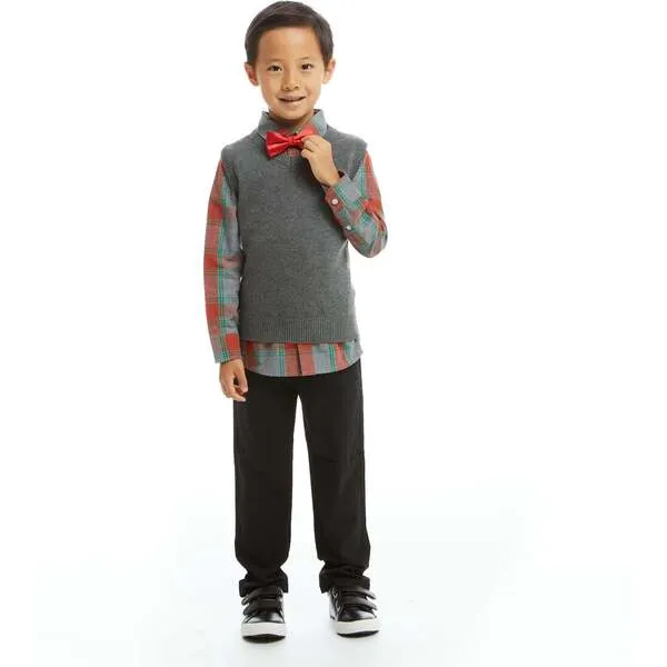 Andy & Evan Holiday Check Button-Down With Vest Set, Grey & Black