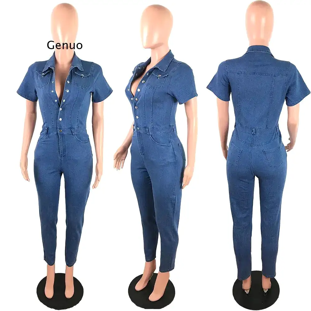 Ashore Shop Single Buttons Sexy Denim Jumpsuit Short Women Rompers