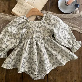 Baby Ann Floral Smocked Bodice Puff Sleeve Dress Romper (6-18m) - Blue Floral