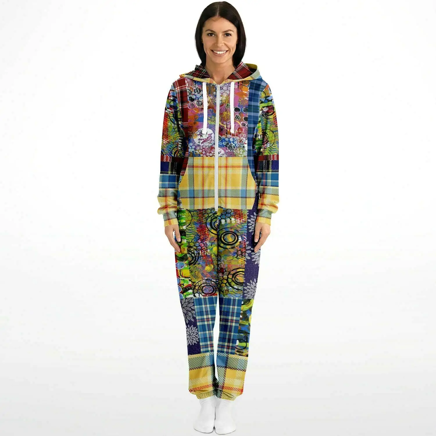 Barcelona Plaid Geometric Patchwork Fleece Unisex Romper