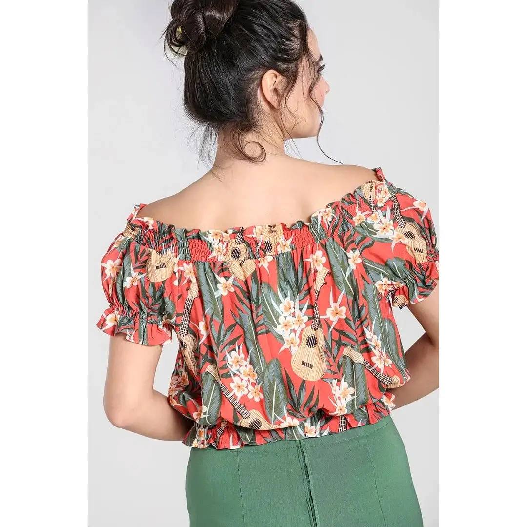 Burnt Orange Tropical Ukelele Print Off-the-shoulder top