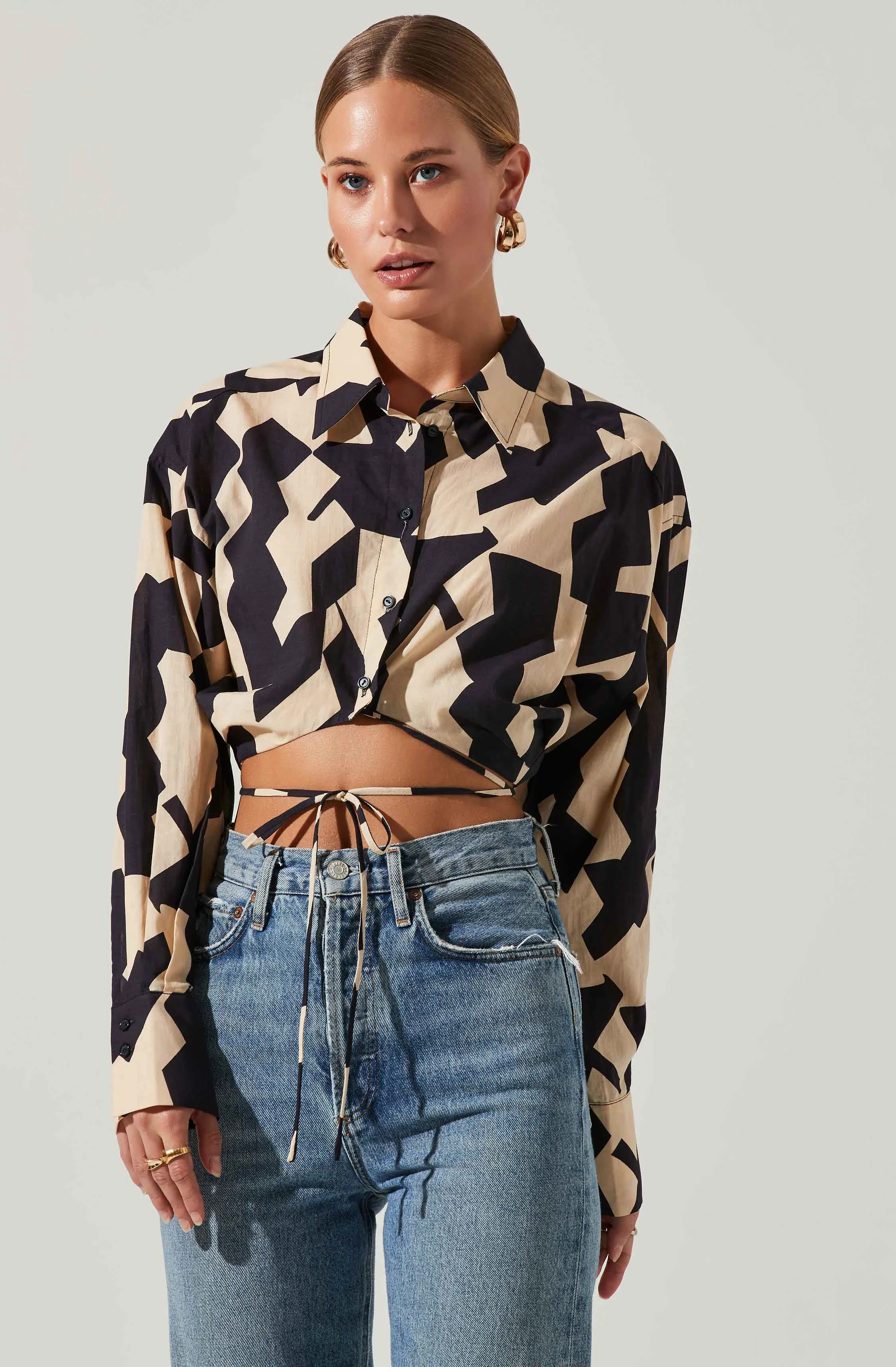 Claude Cropped Geo Print Button Down Tie Waist Top