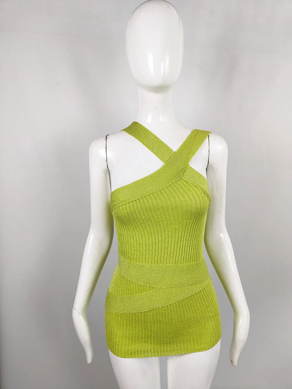 Claude Montana Vintage Green Asymmetric Knit Sleeveless Top, 1990s