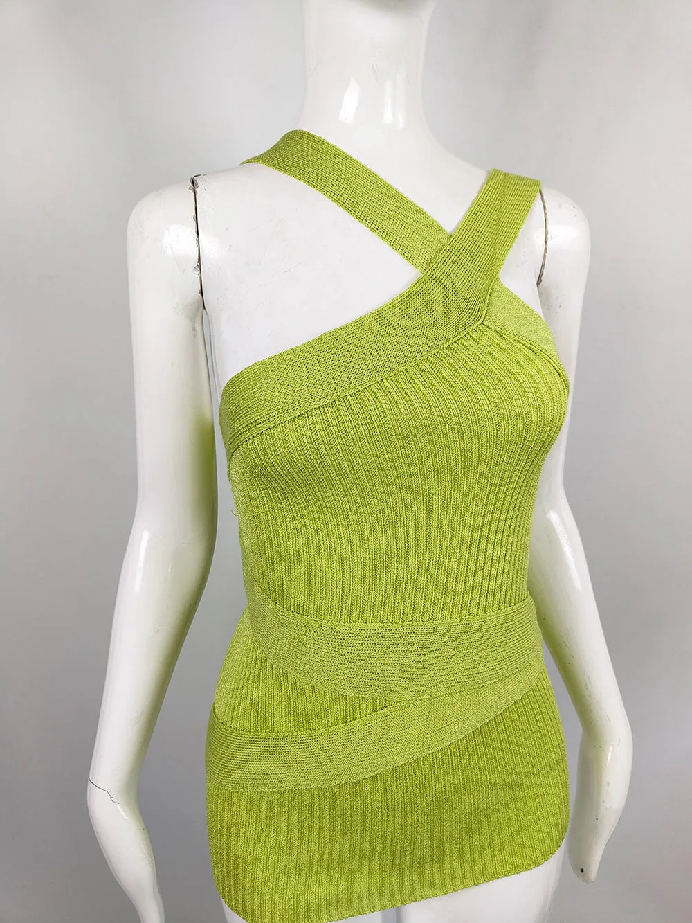 Claude Montana Vintage Green Asymmetric Knit Sleeveless Top, 1990s