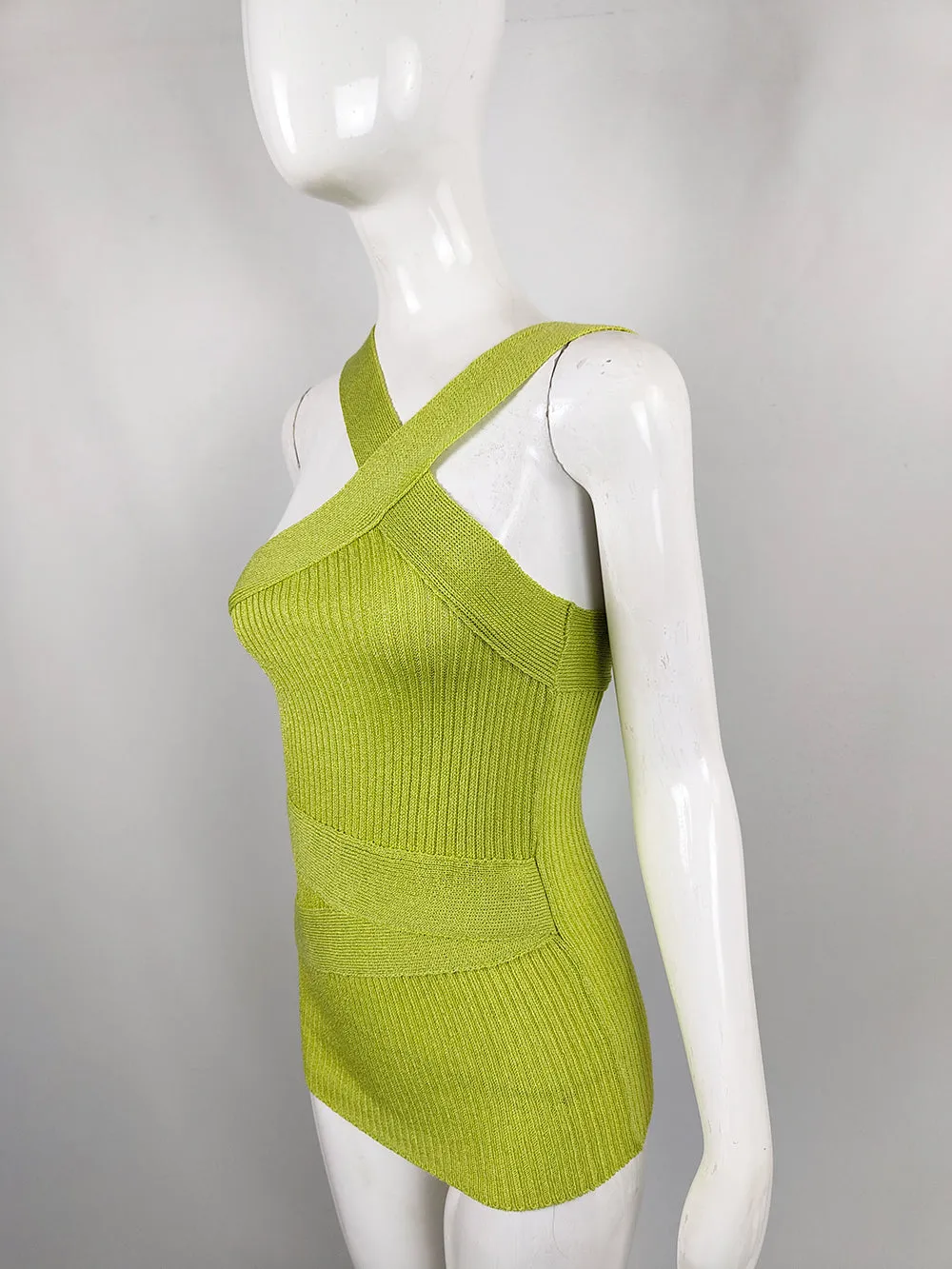 Claude Montana Vintage Green Asymmetric Knit Sleeveless Top, 1990s