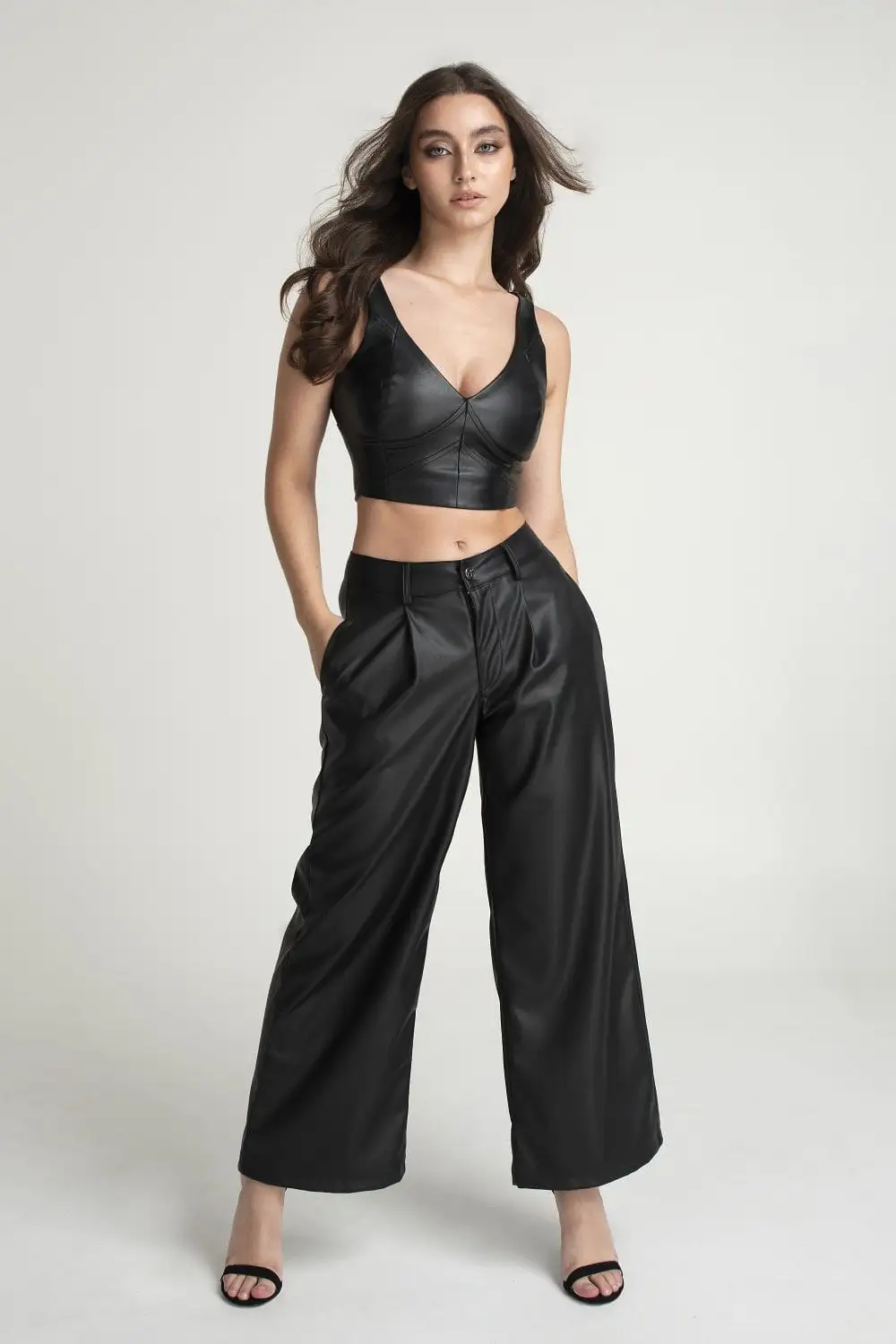 Double Second Black Vegan Leather Crop Top