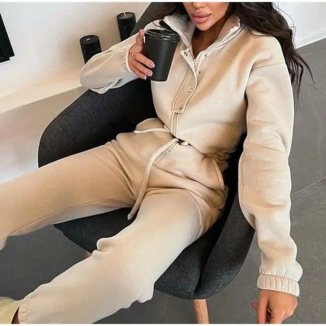 Fall Winter Stand Collar Jumpsuits Women Recreation Loose Drawstring Rompers Tracksuits