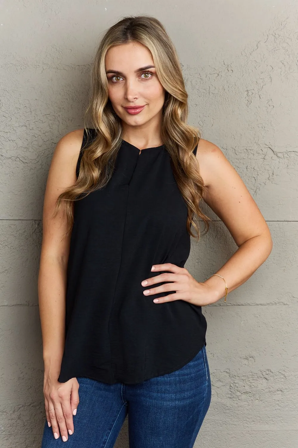 First Glance Sleeveless Neckline Slit Top in Black