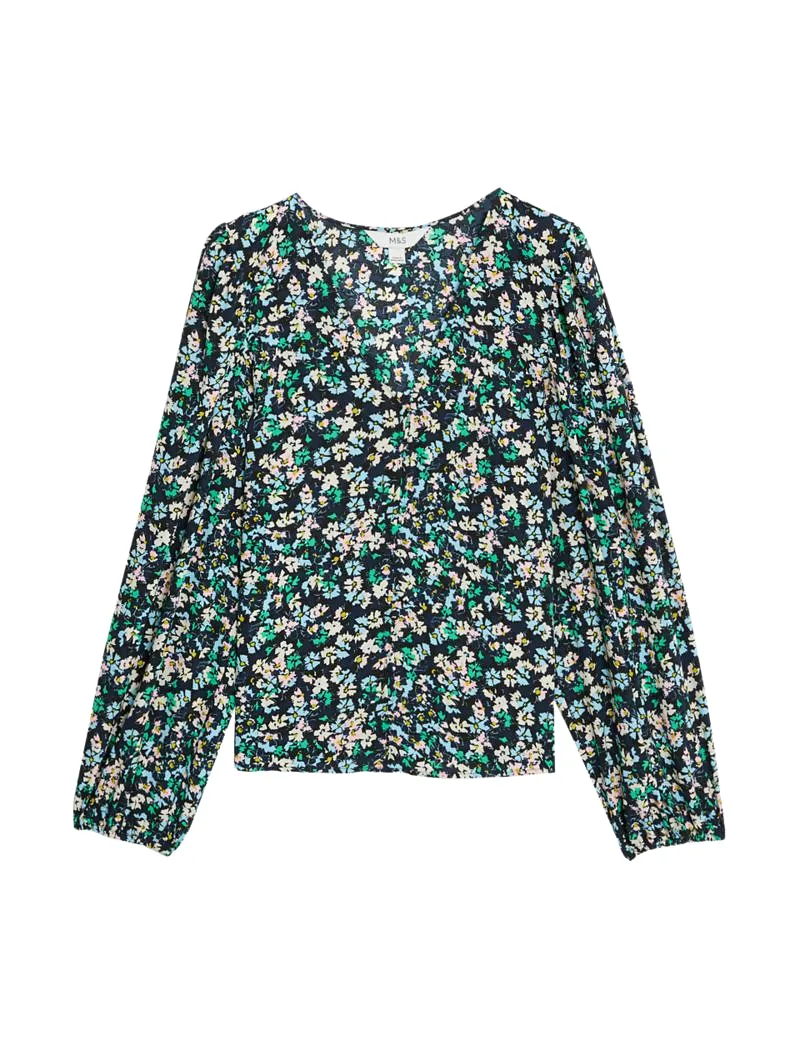 Floral V-Neck Button Detail Blouse