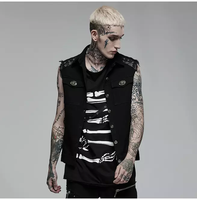 Gothic Black Eyelet Turn-down Collar Vest