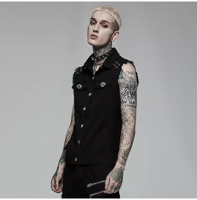 Gothic Black Eyelet Turn-down Collar Vest