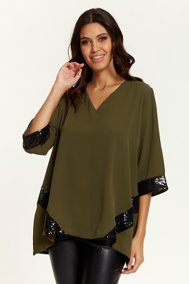 Hoxton Gal Oversized V Neck Sequin Detailed Satin Top