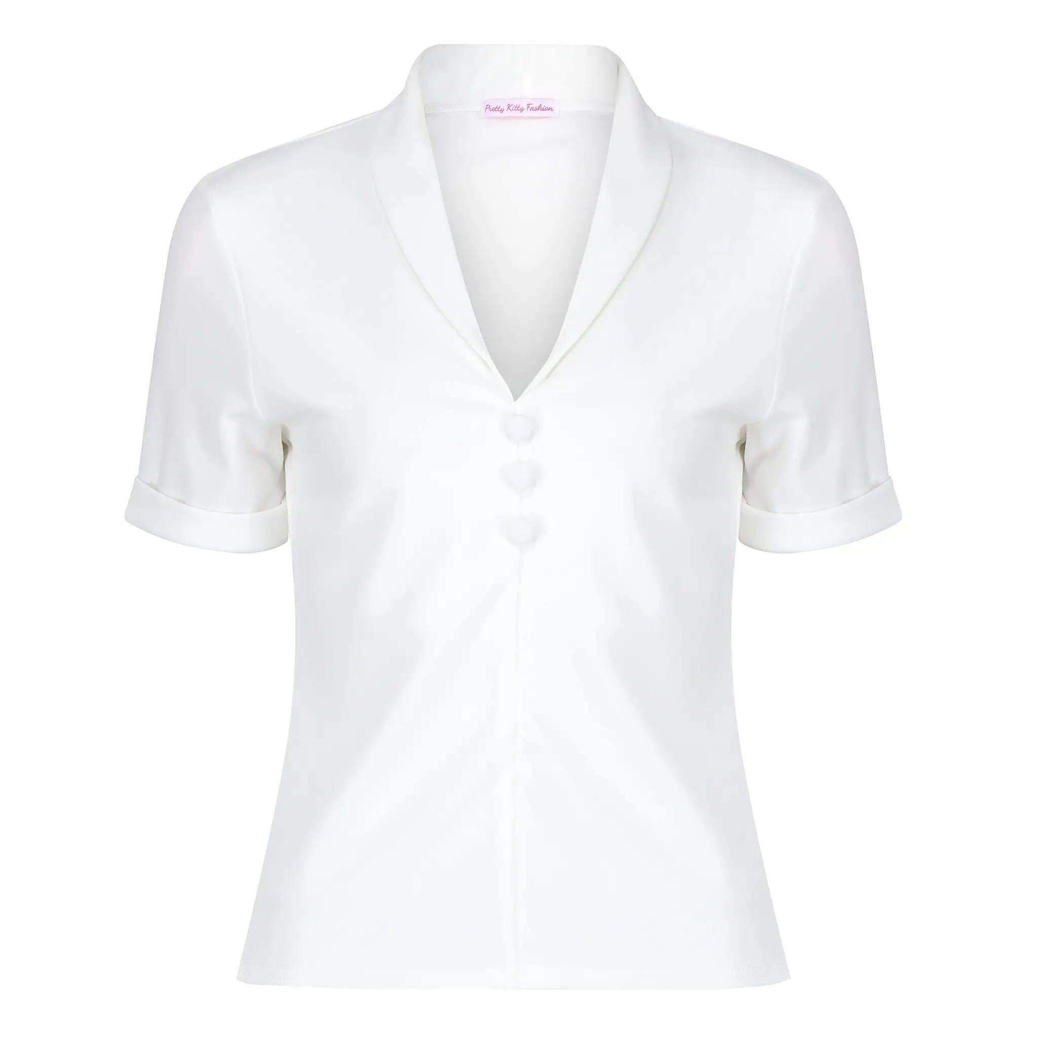 Ivory Button-down Short Sleeve Blouse with V-neck Collar