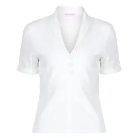 Ivory Button-down Short Sleeve Blouse with V-neck Collar