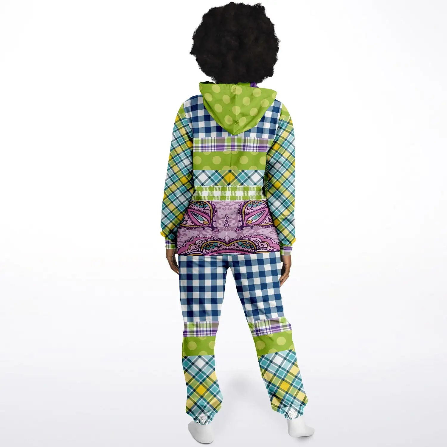 Kaleido-Scape Purple Plaid Patchwork Fleece Unisex Romper