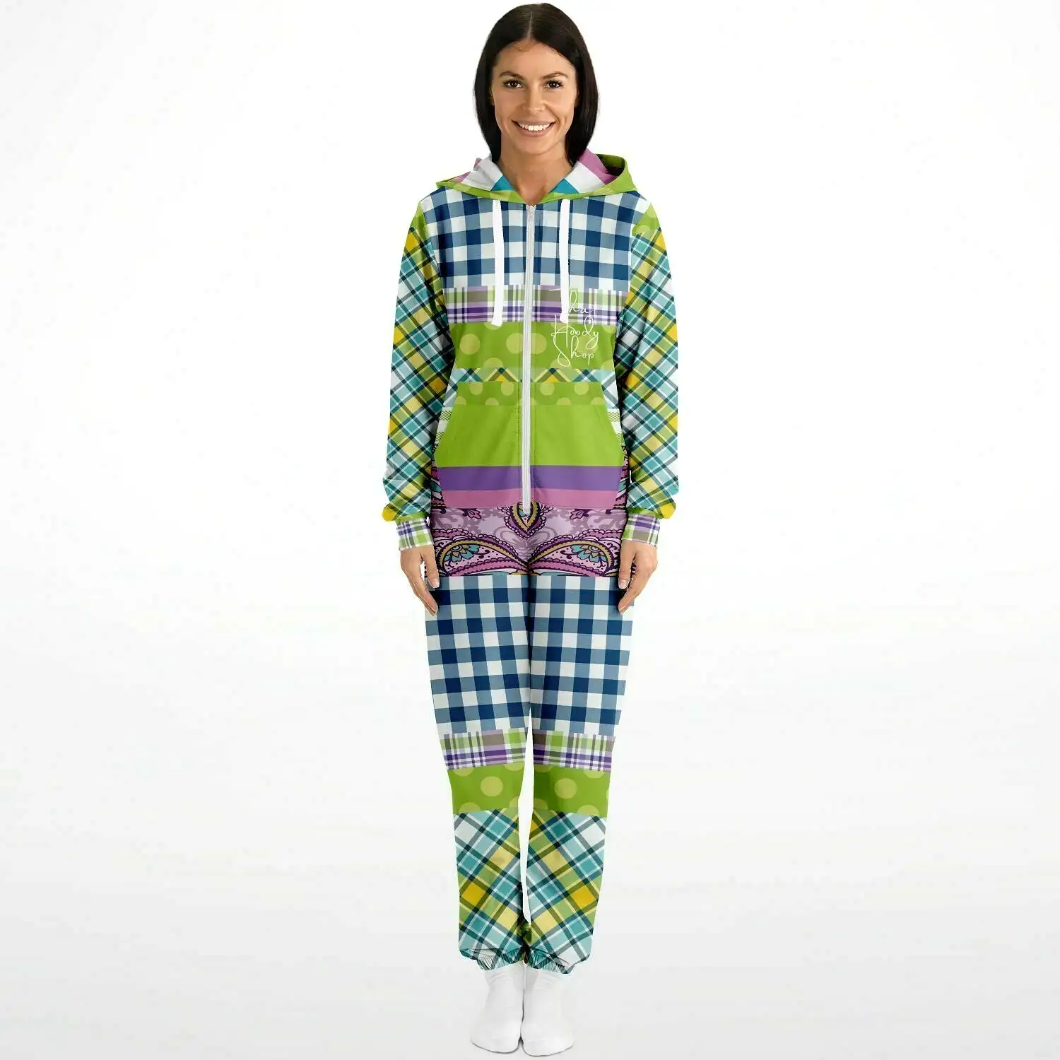 Kaleido-Scape Purple Plaid Patchwork Fleece Unisex Romper