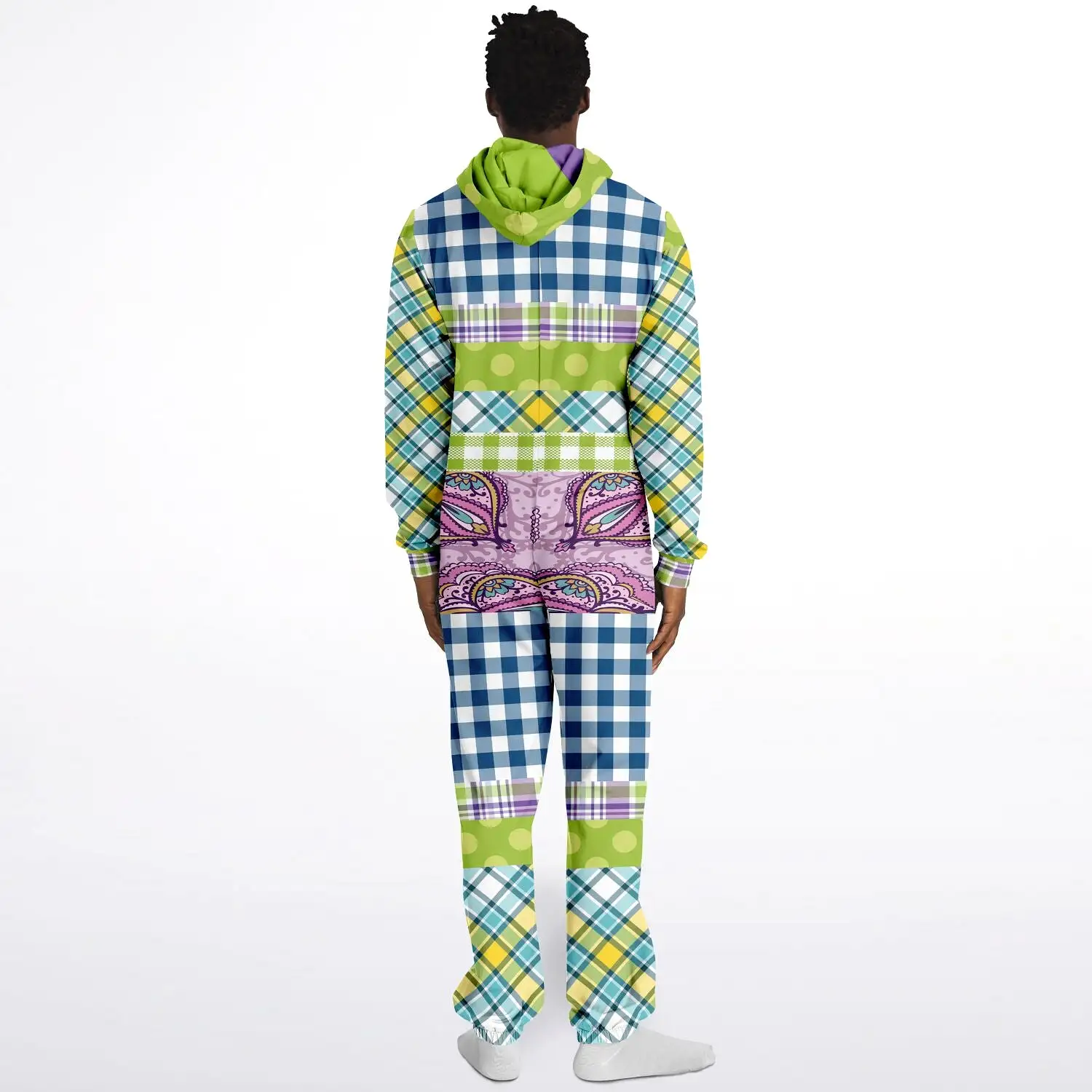 Kaleido-Scape Purple Plaid Patchwork Fleece Unisex Romper