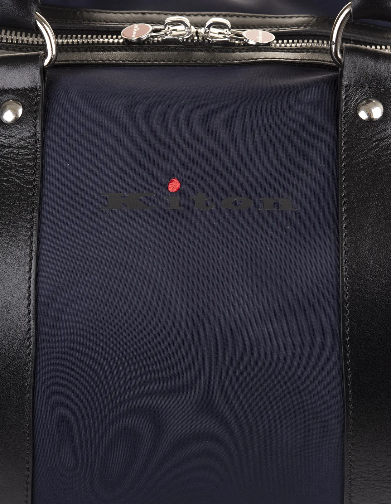 KITON Navy Blue Nylon and Leather Duffle Bag With Logo