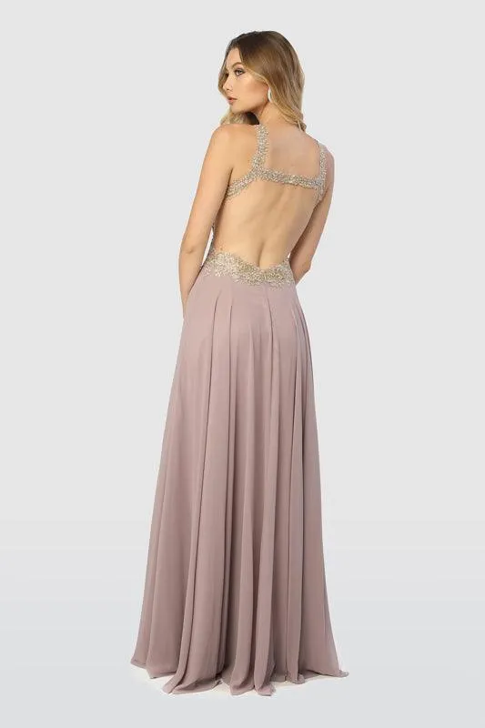 Long Evening Gown Open Back Prom Dress Tan Gold Sale