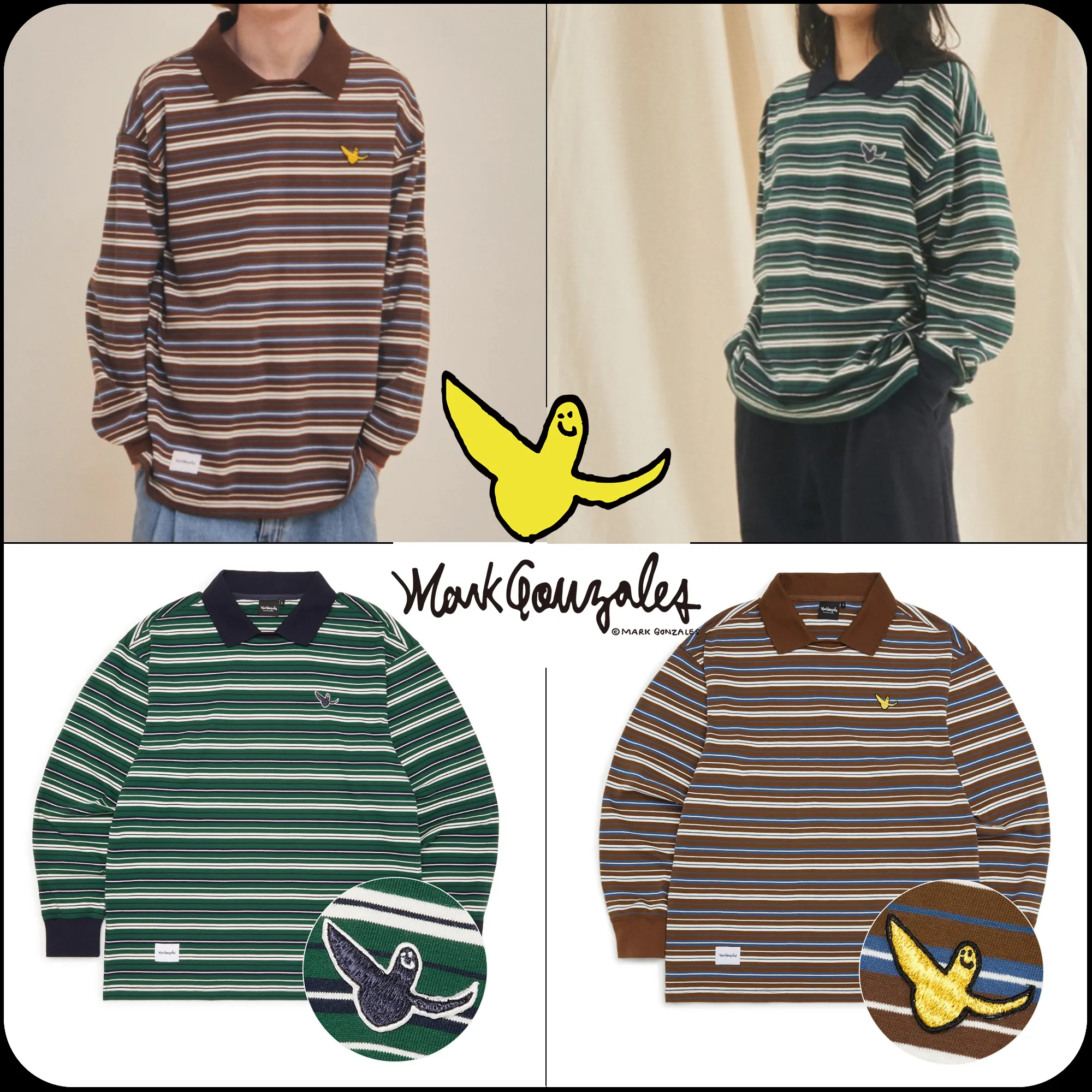 Mark Gonzales  |[MARK GONZALES]ANGEL WAPPEN MULTI STRIPE COLLAR L/S T-SHIRT