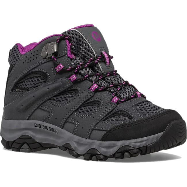 Merrell Kids Girls Moab 3 Waterproof Mid Hiking Boots- Granite/Berry