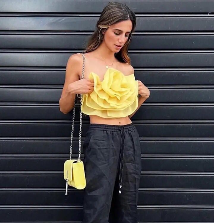 Mesh Yellow Rose Floral Top Autumn Winter Fashion Sleeveless Crop Tops Sets Christmas Party Women Blusas Mujer B-20136