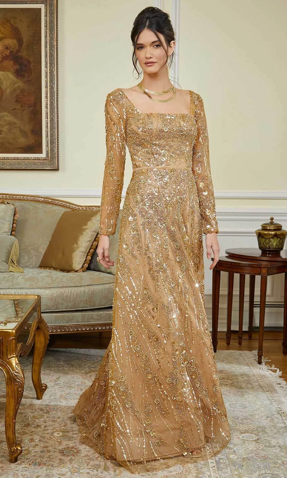 MGNY By Mori Leee 72843SC - Beaded Long Sleeve Evening Gown