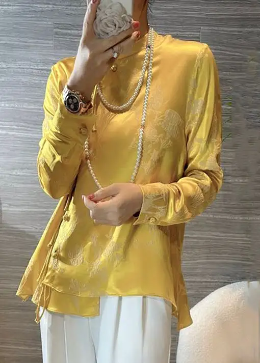 New Yellow Chinese Button Print Silk Blouses Spring QA1080