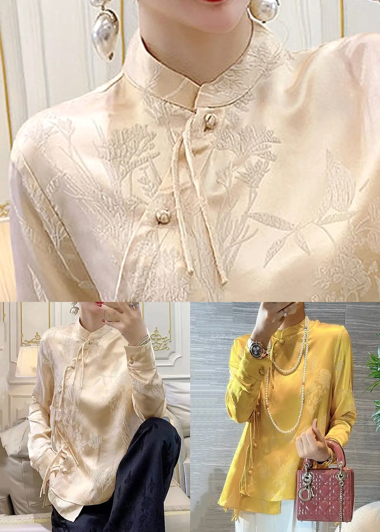 New Yellow Chinese Button Print Silk Blouses Spring QA1080