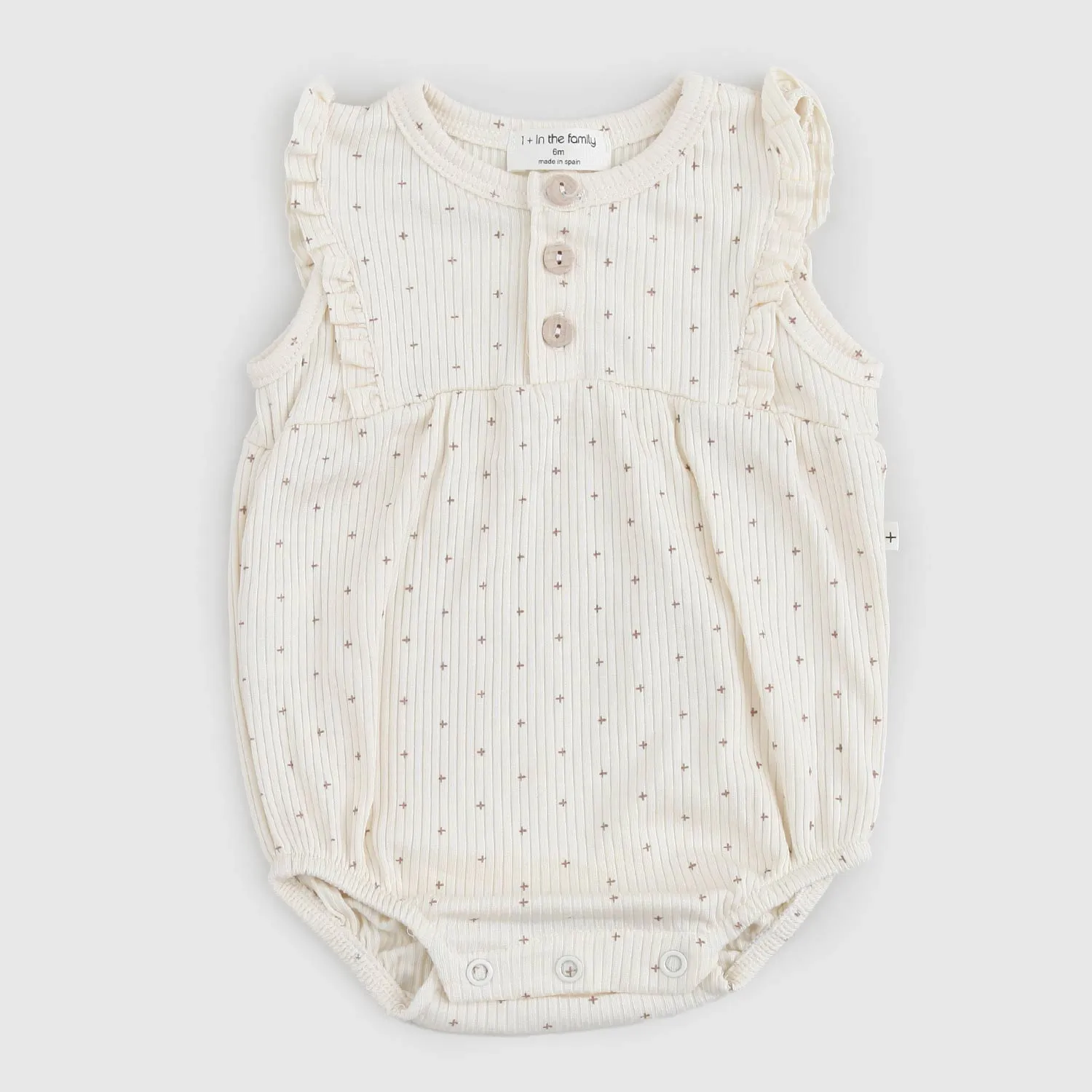 One More In The Family Beige Ruffle Romper For Baby Girls