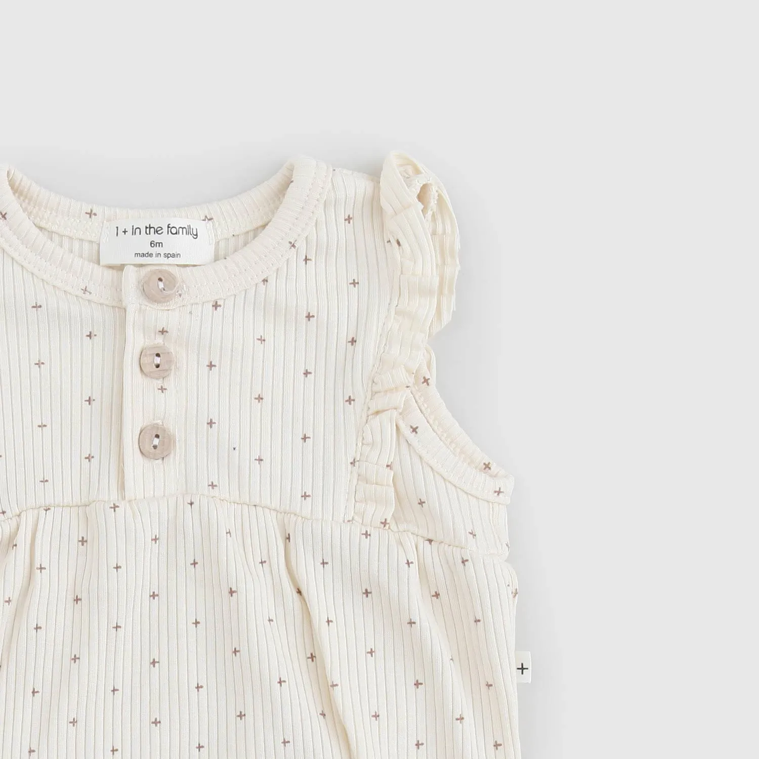 One More In The Family Beige Ruffle Romper For Baby Girls