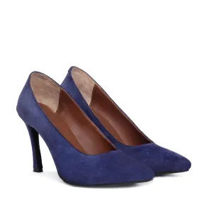 Pointed Toe Sleek Stiletto Pencil Heel Ladies formal Blue Suede Leather Footwear By Brune & Bareskin