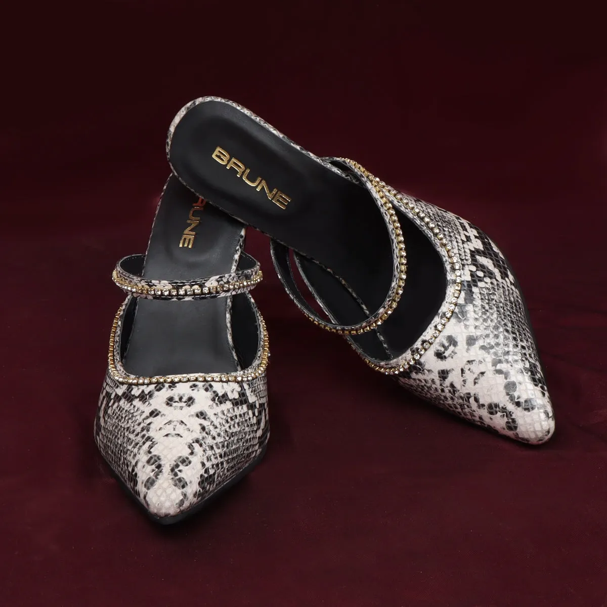 Pointed Toe Swarovski Crystal Stone Heel Pumps Black-White Snake Print leather Ladies Footwear By Brune & Bareskin