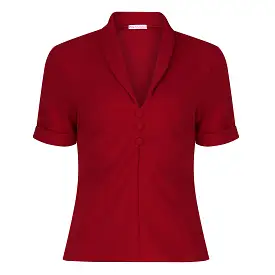 Red Button-down Short Sleeve Blouse with V-neck Collar