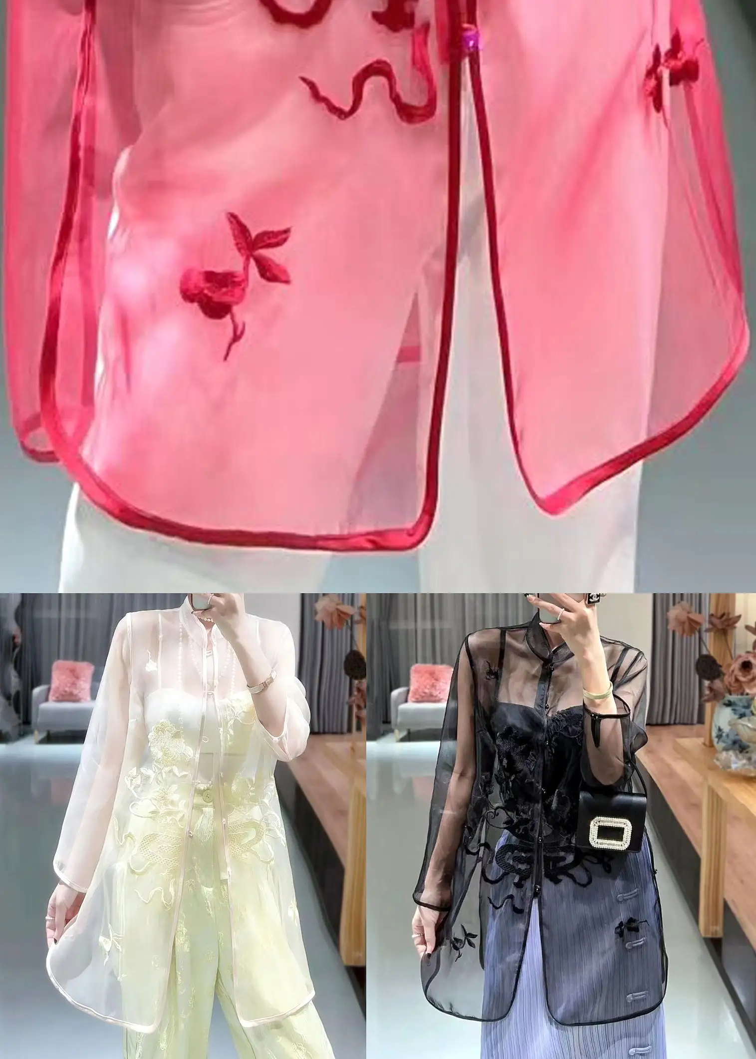 Red Button Thin Tulle Blouses Stand Collar Summer QA1089