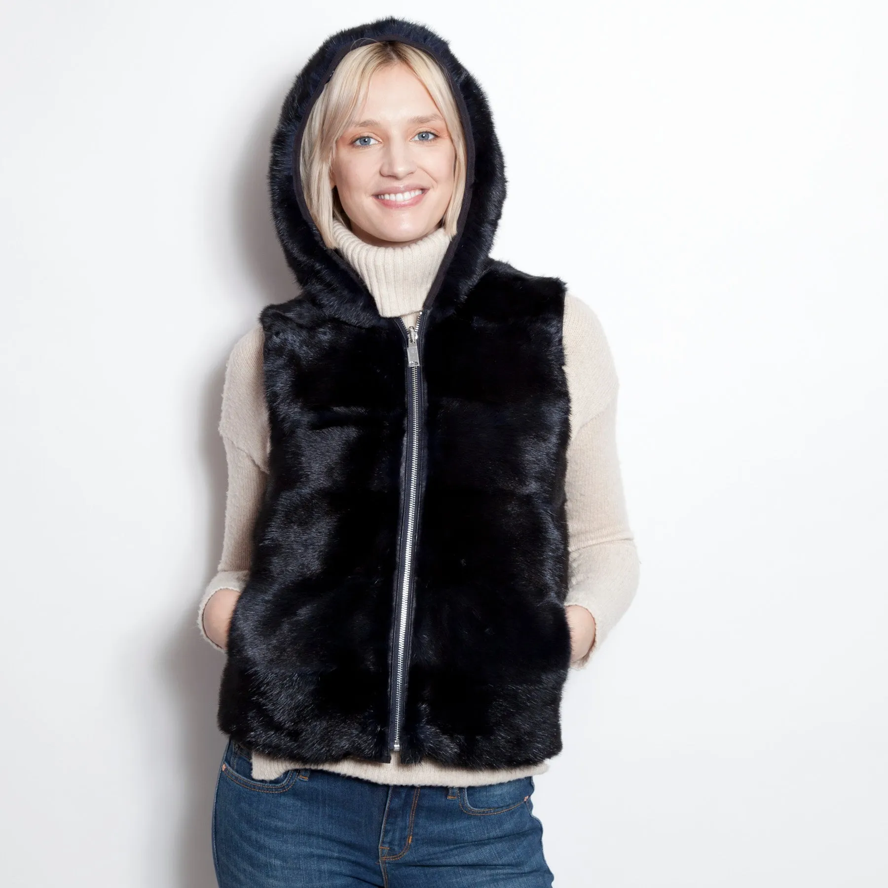 Reversible Down & Mink Vest With Mink Hood Navy/Navy