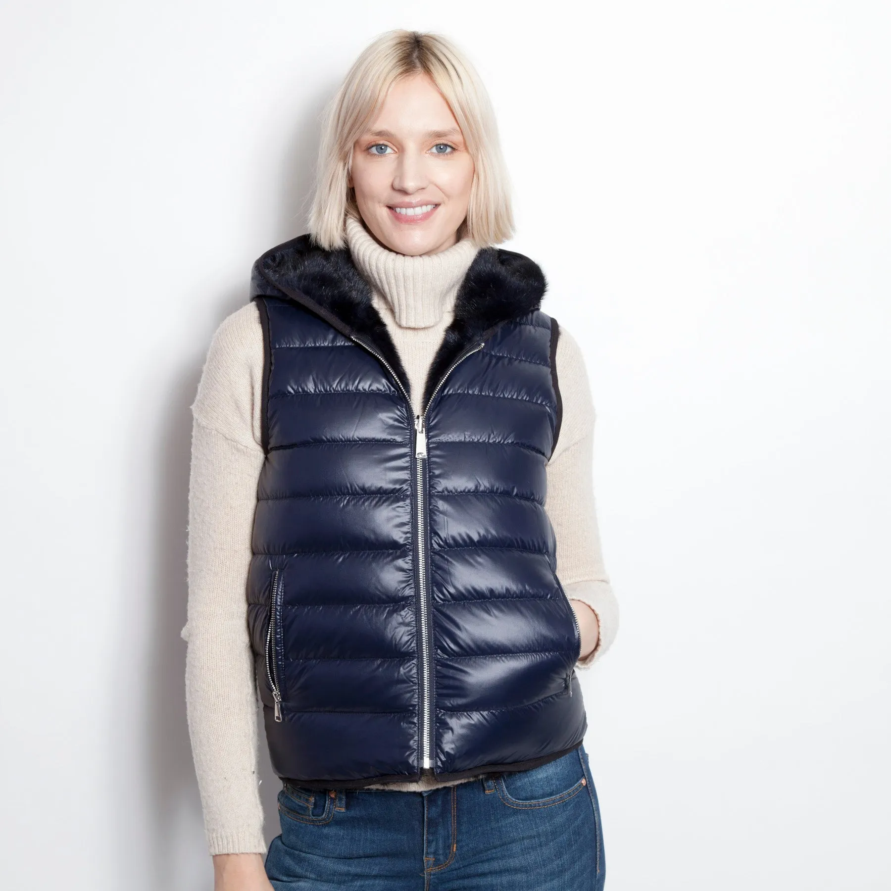 Reversible Down & Mink Vest With Mink Hood Navy/Navy