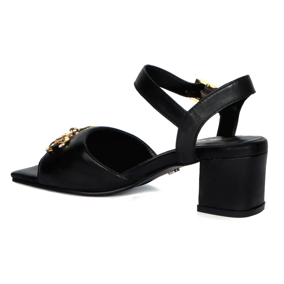 Square Toe Black Blocked Heel Genuine Leather Horse-bit Buckle Strap Ladies Footwear By Brune & Bareskin