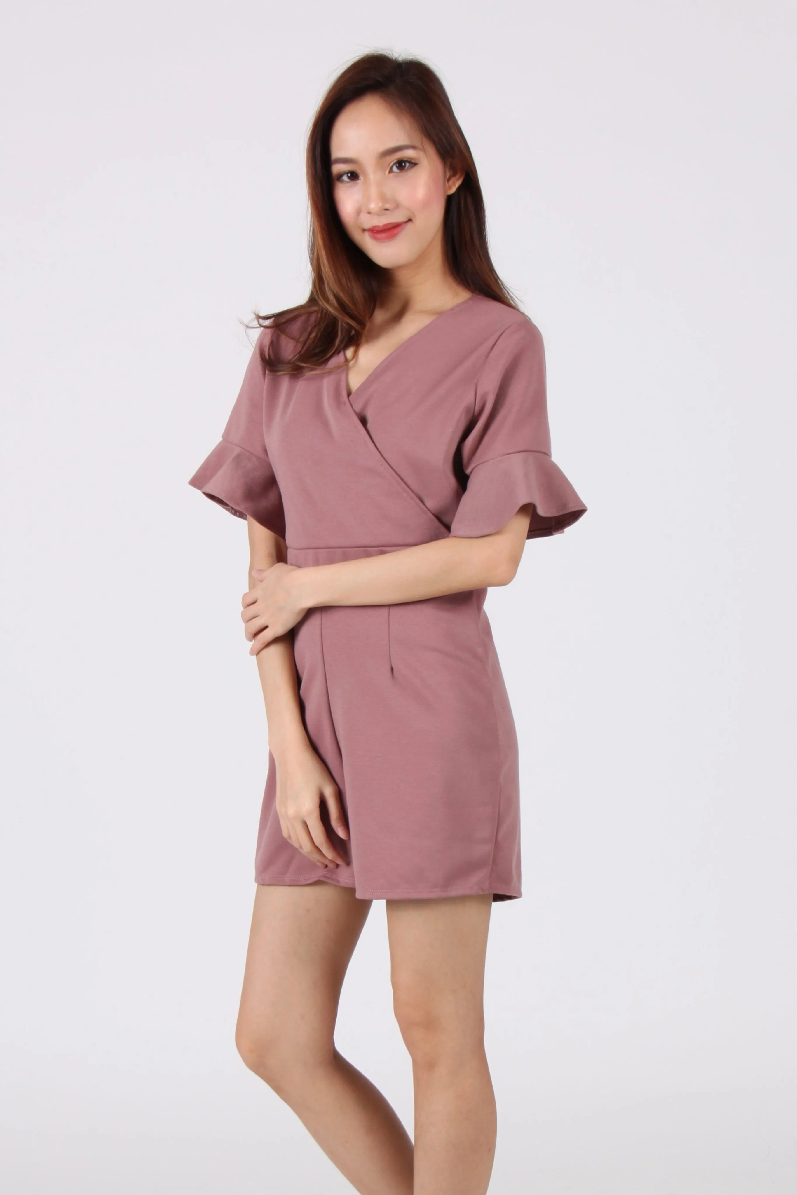 Trumpet Sleeves Wrap Romper in Dessert Taupe