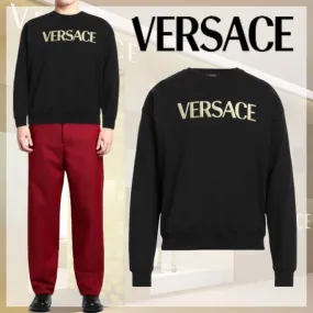 VERSACE  |Unisex Street Style Long Sleeves Plain Cotton Logo Luxury