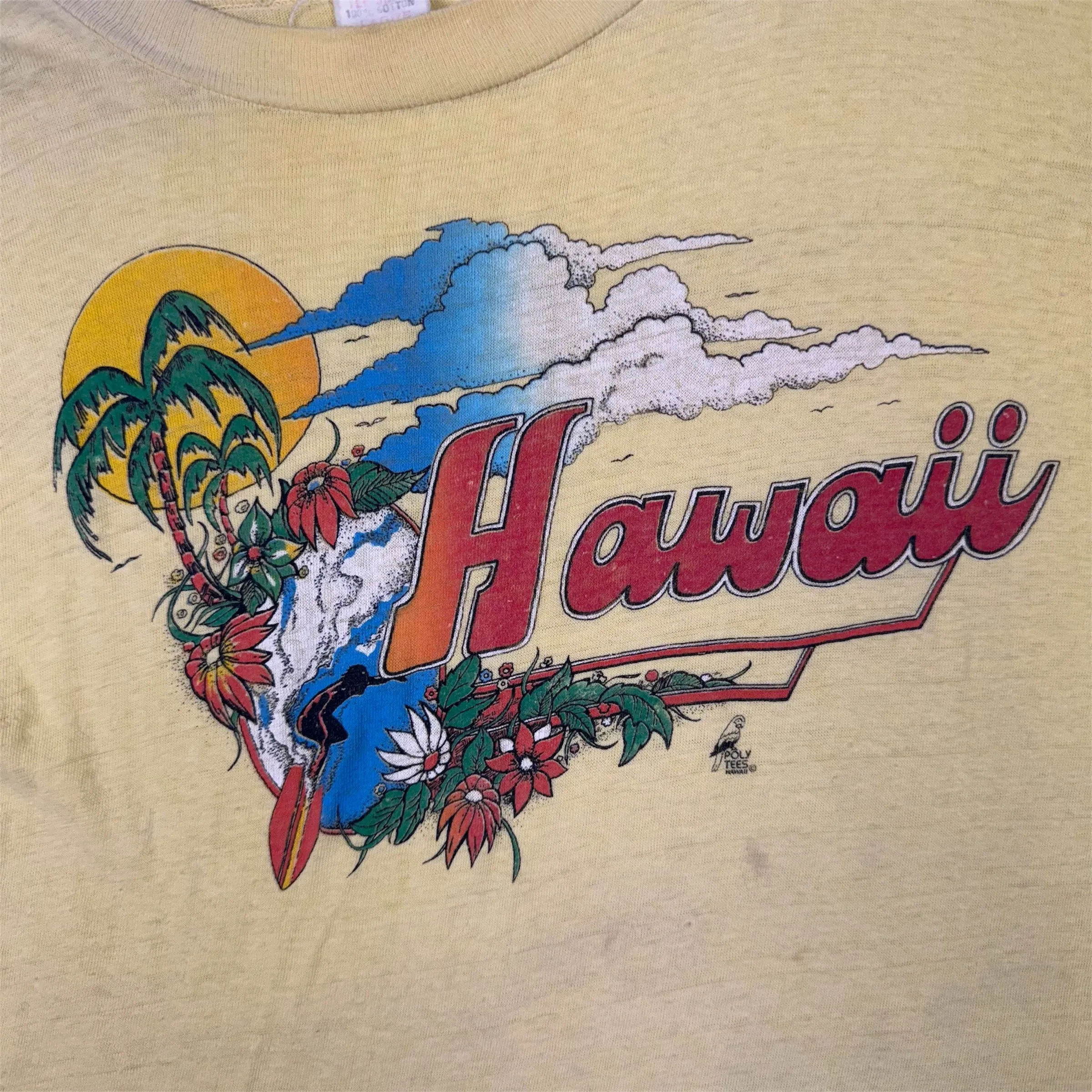 Vintage 70's Hawaii Poly Tees Rainbow Surfer Graphic Single Stitch T-shirt Ultra Rare